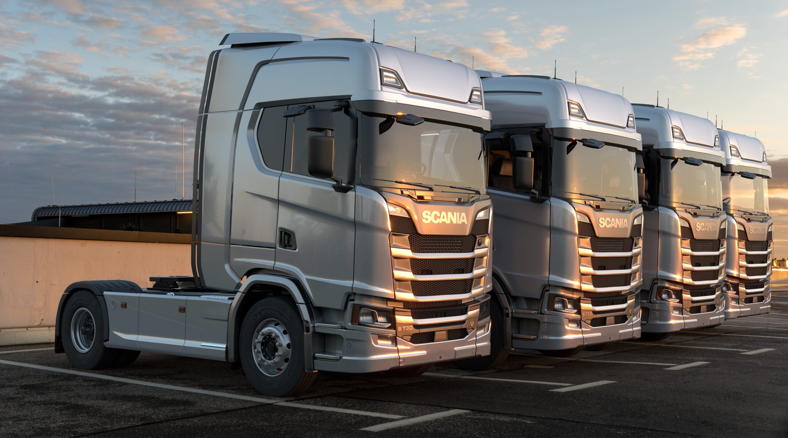 Fleet of Silver Cab-over Tractor Trailers